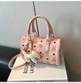 Pink cylinder boston bag with bear patterns, dual handles and a cute dog pendant charm - With Pendant / Pink