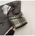 Vintage green plaid tweed bucket bag with black leather straps and retro buckle details - Black Tweed Style