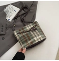 Retro green and brown plaid wool bucket bag with premium leather strap and metal eyelets - Coffee Tweed Style