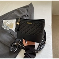 Quilted black bucket bag featuring a FASHION logo and trendy arrow pattern wide strap - Black