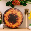 Bohemian shaman drum with orange flame pattern and drumstick on wooden background - Flame Style