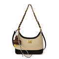Borsa hobo in tela beige e pelle nera con tracolla a catena dorata e pendente - Con Ciondolo / Nero