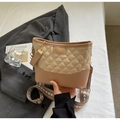 Beige quilted crossbody bag with fashion patch and patterned wide strap for women - Dark Khaki