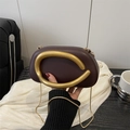 Minimalist deep brown leather evening bag with oversized round gold metal handle - Coffee (Matte Handle)