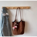 Minimalist dark brown suede tote bag with cute plush dog charm on wooden wall hook - With Pendant / Brown