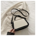 Chic black and beige woven crossbody bag with silver hardware and top handle - White
