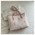 Pink quilted tote bag with embroidered butterflies and shoulder straps for women - With Pendant / Pink