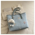Detailed embroidery of colorful butterflies on light blue quilted tote with cloud charm - With Pendant / Blue