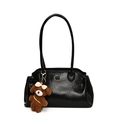Sac bandoulière minimaliste noir en similicuir avec un mignon porte-clé ours brun - Avec Pendentif / Noir