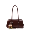 Vintage large capacity brown tote bag in glossy leather with cute bear plush pendant - Brown (With Pendant)