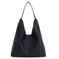 Minimalist black woven leather tote bag with shoulder straps for daily commuting - Black