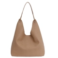 Woven brown PU leather tote bag with wide shoulder strap and minimalist hobo style design - Khaki
