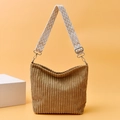 Brown corduroy tote bag featuring a decorative ethnic patterns wide shoulder strap - Dark Khaki