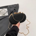 Pochette élégante à paillettes noires avec fermoir nœud doré et design de soirée ovale - Noir