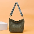 Dark green corduroy tote bag with geometric pattern wide strap on orange background - Green