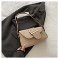 Elegant beige leather shoulder bag with a square gold metal buckle for daily wear - Dark Khaki