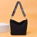 Black corduroy tote bag with black and white geometric patterned shoulder strap - Black