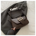 Elegant dark brown leather shoulder bag with vintage gold square buckle for women - Coffee