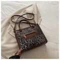 Detail einer Handtasche mit Leopardenmuster, Front-Reißverschlusstasche und braunen Griffen - Grau