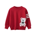 Kids red knit sweater with cartoon bear print and white stripes on the sleeve - Red / 100cm