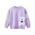 Kids lavender knit sweater featuring a cute white bear patch and striped sleeve detail - Purple / 90cm