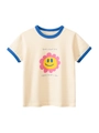 Maglietta estiva da bambina in cotone con stampa floreale rosa e bordo blu a contrasto - 110cm / Albicocca Beige