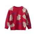Red knit sweater for kids featuring cute white bear jacquard patterns and blue text - Red / 90cm