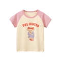 Short-sleeved raglan t-shirt for girls featuring a bear print and yellow body with pink sleeves - 90 / Apricot and Pink