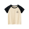 Kids short sleeve raglan T-shirt with cartoon dog print in beige and black colors - 90cm / Apricot/Black