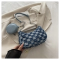 Detailed blue plaid denim shoulder bag with fringe edges and silver chain strap - Blue Checkerboard