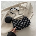 Detail of checkered tweed crescent bag with silver chain strap and mini round pouch - Black Checkerboard