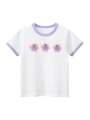 White cotton t-shirt for girls featuring purple cartoon flowers and contrast ringer detail - 90cm / Off-white