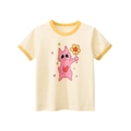 Kids' short sleeve cotton T-shirt in light beige with pink cartoon cat and sunflower print - 90cm / Apricot (HT9146)