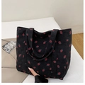 Black corduroy tote bag with strawberry print and side pocket for daily casual use - Black