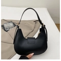 Minimalist black leather crescent hobo bag with gold hardware and adjustable strap - Black