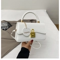 Chic white PU leather handbag with gold square lock and a fashion hangtag for women - White