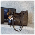 Deep brown oversized PU leather tote bag with fashion label and baseball glove charm - No Pendant / Coffee