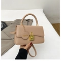 Apricot matte leather handbag with gold lock and fashion charm, crossbody style - Dark Khaki