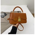 Caramel brown handbag with gold lock and thin shoulder strap in high-end PU leather - Brown