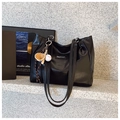 Minimalist black faux leather tote bag with unique baseball charm and fashion label - No Pendant / Black