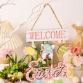Cartel de madera de Pascua con texto WELCOME, enano conejo y letras Easter a cuadros - Gnomo Colgante de Madera de Pascua (WELCOME/Easter)