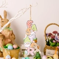 Cartel de Pascua colgante de madera con gnomo y conejo blanco con cuerda de yute - Estilo Letra Easter