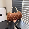 Dark brown velvet evening bag with diamond lattice patterns and a gold ring handle - Dark Brown