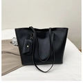 Bolso tote minimalista de cuero negro para mujer con un mini sobre a juego integrado - Negro