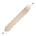 Modern white table runner with gold and grey geometric patterns and brown end tassels - 180cm