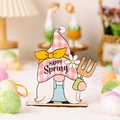 Décoration de gnome de Pâques en bois avec texte Happy Spring et chapeau à carreaux - Chapeau à Carreaux avec Style Fourche de Jardin