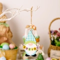 Easter wooden gnome ornament with blue plaid hat and spring floral wreath hanger - Blue White Gingham Hat Style (SPRING)