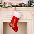 Red Christmas stocking with white faux fur trim and golden sequin reindeer embroidery - Gold Reindeer Style