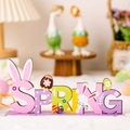 Décoration de Pâques SPRING en bois avec base violette et ornements d'oreilles de lapin - Ornement en Bois Violet-SPRING