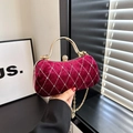 Quilted red velvet clutch bag with diamond rhinestones and golden round handle - Burgundy